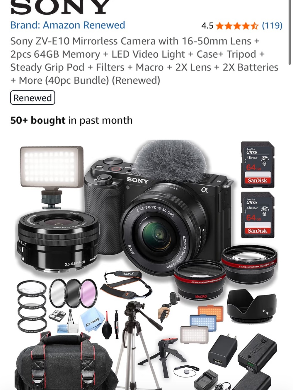Sony ZV E10 Mirrorless Camera Kit with 2 Lenses & Accessories